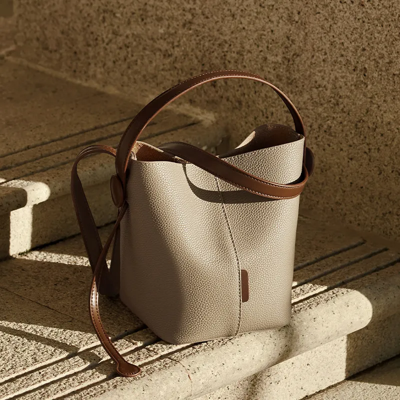 CNNCOO Cow Leather Bucket Bag, One Shoulder Handbag Women's Salt Khaki/Trench Gray-9