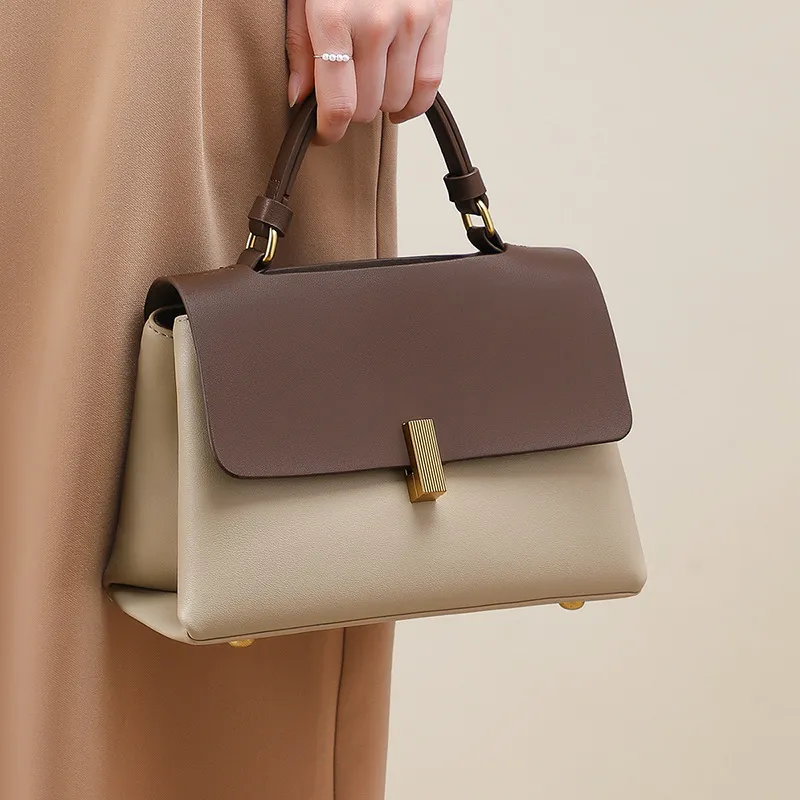 CNNCOO Cow Leather With Synthetic Leather Crossbody Handbag Women's Beige Coffee-4