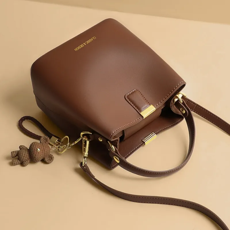 CNNCOO Cow Leather Bucket Bag, Crossbody Handbag Women's Milkshake White/Caramel Brown-9