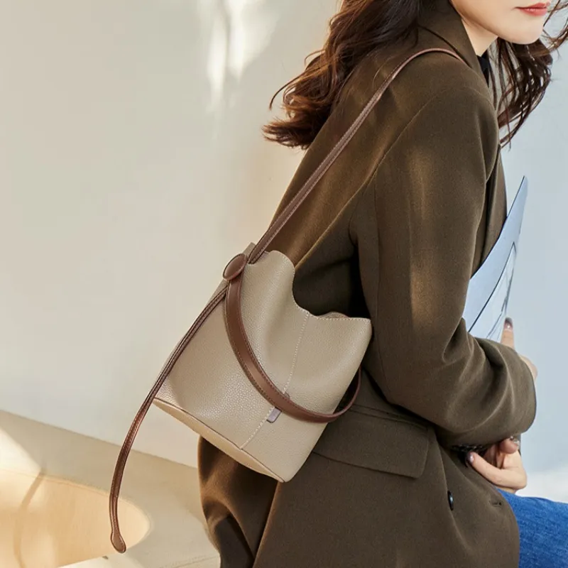 CNNCOO Cow Leather Bucket Bag, One Shoulder Handbag Women's Salt Khaki/Trench Gray-7