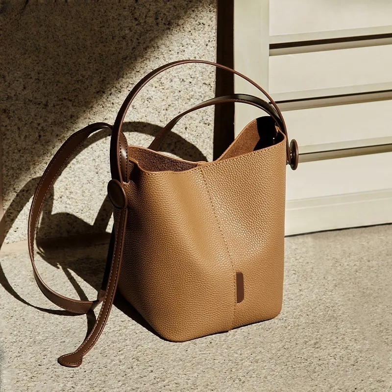 CNNCOO Cow Leather Bucket Bag, One Shoulder Handbag Women's Salt Khaki/Trench Gray-4