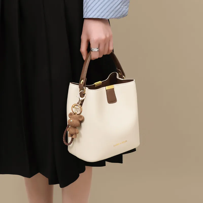 CNNCOO Cow Leather Bucket Bag, Crossbody Handbag Women's Milkshake White/Caramel Brown-2