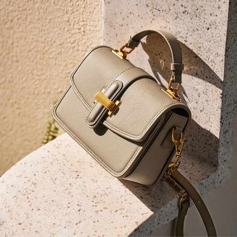 CNNCOO Cow Leather Crossbody Handbag Women's Ecru & Apricot/Midnight Black/Elephant Gray-12