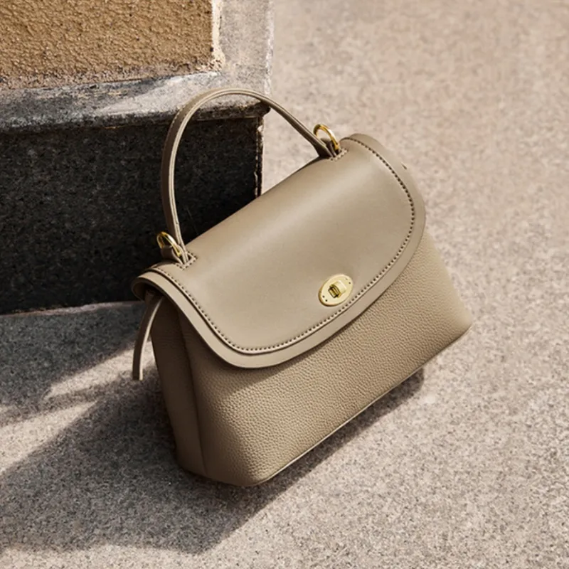 CNNCOO Cow Leather Shoulder Bag, Crossbody Bag, Handbag Women's Ecru & Apricot/Elephant Gray-9