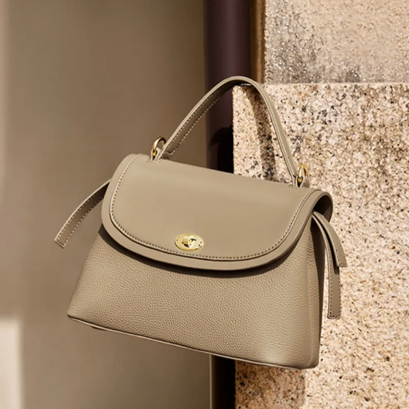 CNNCOO Cow Leather Shoulder Bag, Crossbody Bag, Handbag Women's Ecru & Apricot/Elephant Gray-11