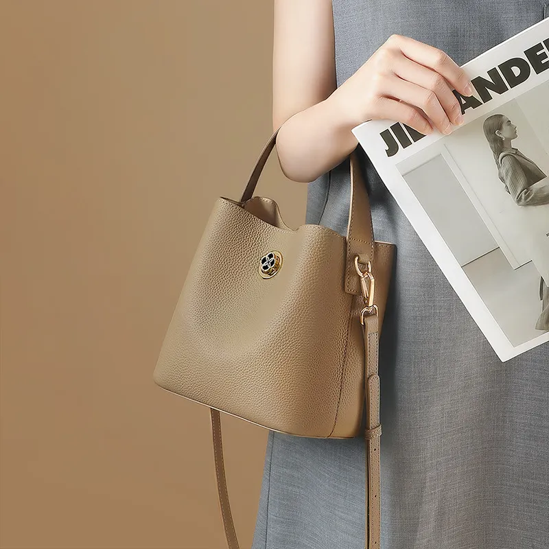 CNNCOO Cow Leather With Synthetic Leather Bucket Bag, One Shoulder Handbag Women's Elephant Gray-3
