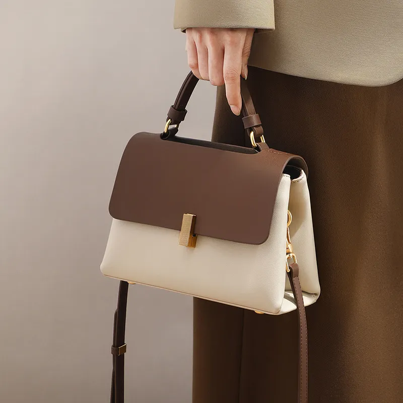 CNNCOO Cow Leather With Synthetic Leather Crossbody Handbag Women's Beige Coffee-3