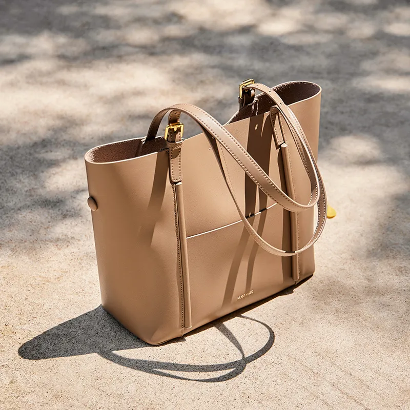 CNNCOO Cow Leather Shoulder Bag Women's Khaki/Midnight Black-4