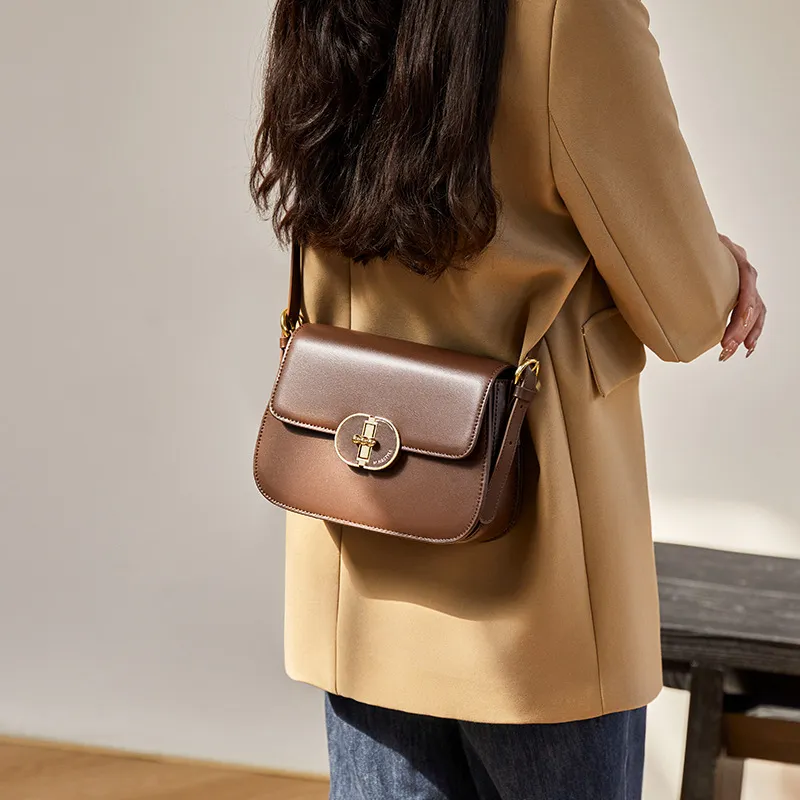 CNNCOO Split Cow Leather With Synthetic Leather Tofu Bag, Crossbody Bag, Shoulder Bag Women's Caramel Brown-1