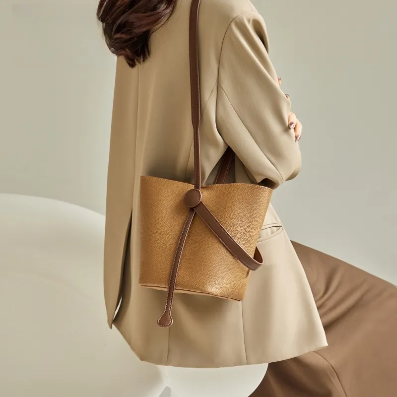 CNNCOO Cow Leather Bucket Bag, One Shoulder Handbag Women's Salt Khaki/Trench Gray-1