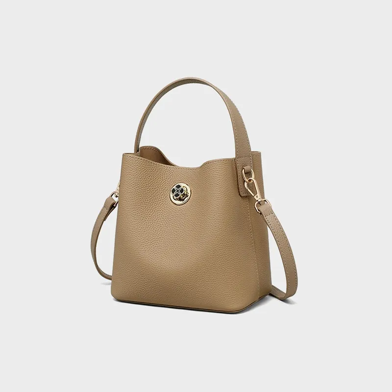 CNNCOO Cow Leather With Synthetic Leather Bucket Bag, One Shoulder Handbag Women's Elephant Gray-2