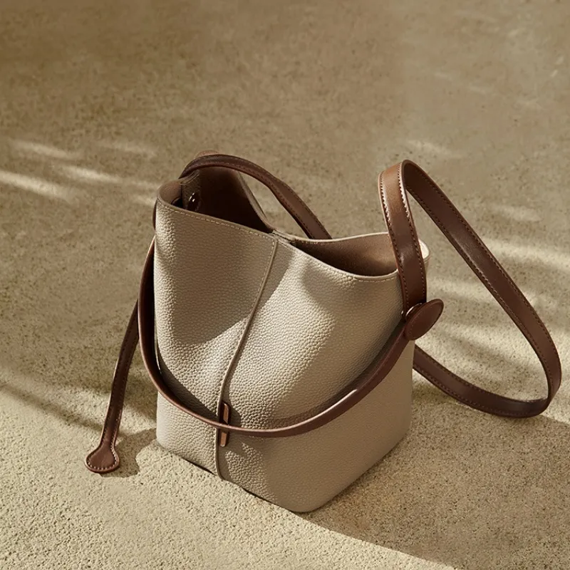 CNNCOO Cow Leather Bucket Bag, One Shoulder Handbag Women's Salt Khaki/Trench Gray-10