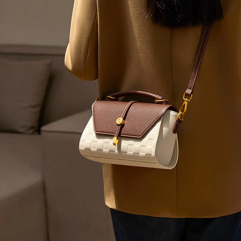 CNNCOO Cow Leather Handbag Women's Ecru & Brown/Elephant Gray-3