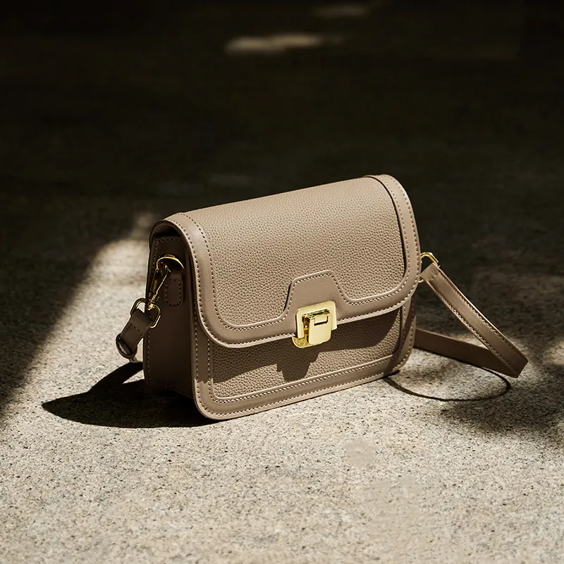 CNNCOO Cow Leather Shoulder Bag Women's Elephant Grey With Brown-11