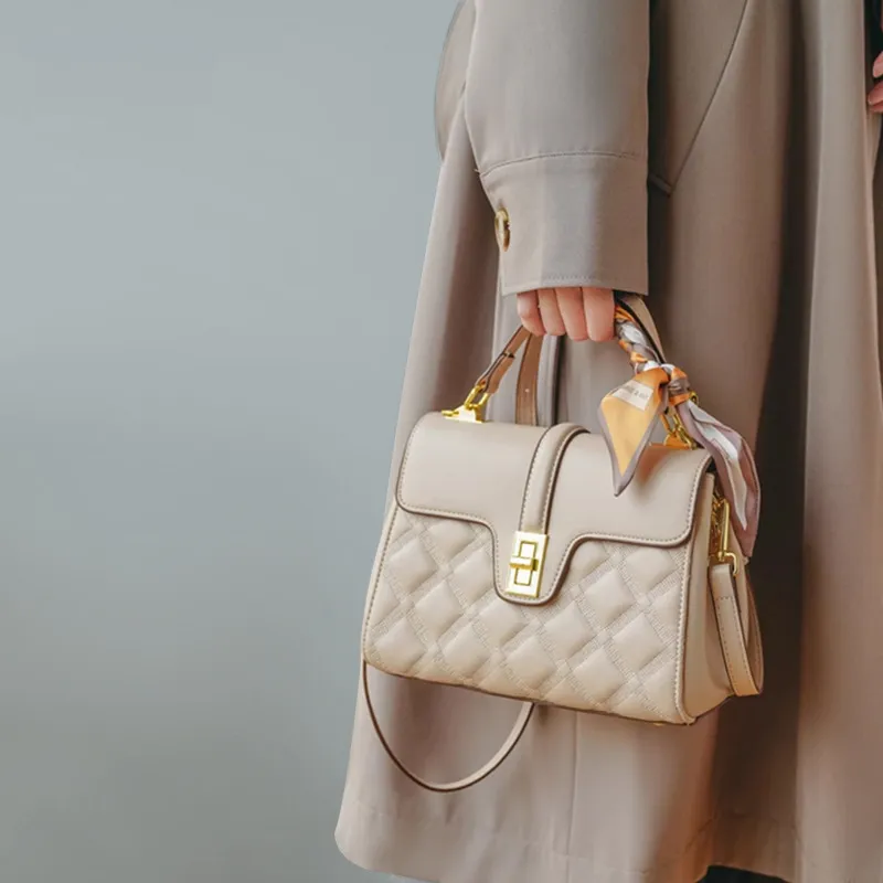 CNNCOO Cow Leather Handbag Women's Apricot/Black-1