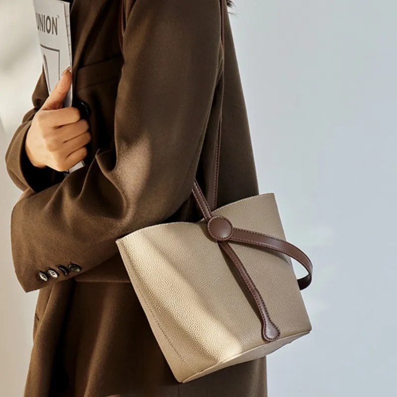 CNNCOO Cow Leather Bucket Bag, One Shoulder Handbag Women's Salt Khaki/Trench Gray-8