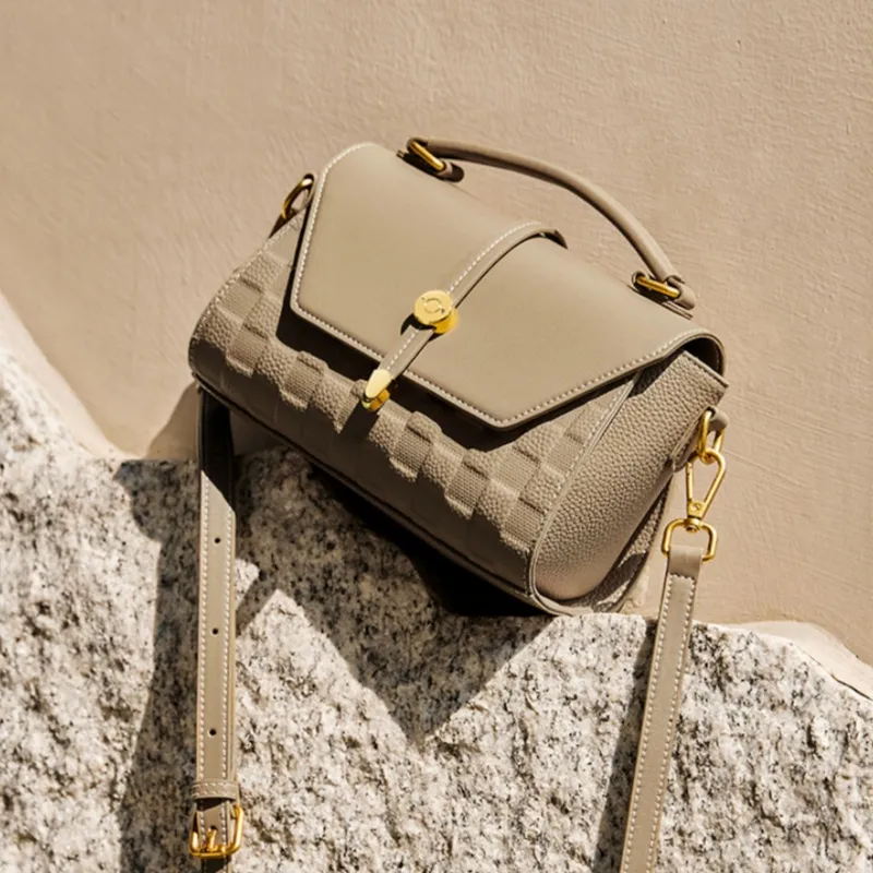 CNNCOO Cow Leather Handbag Women's Ecru & Brown/Elephant Gray-9