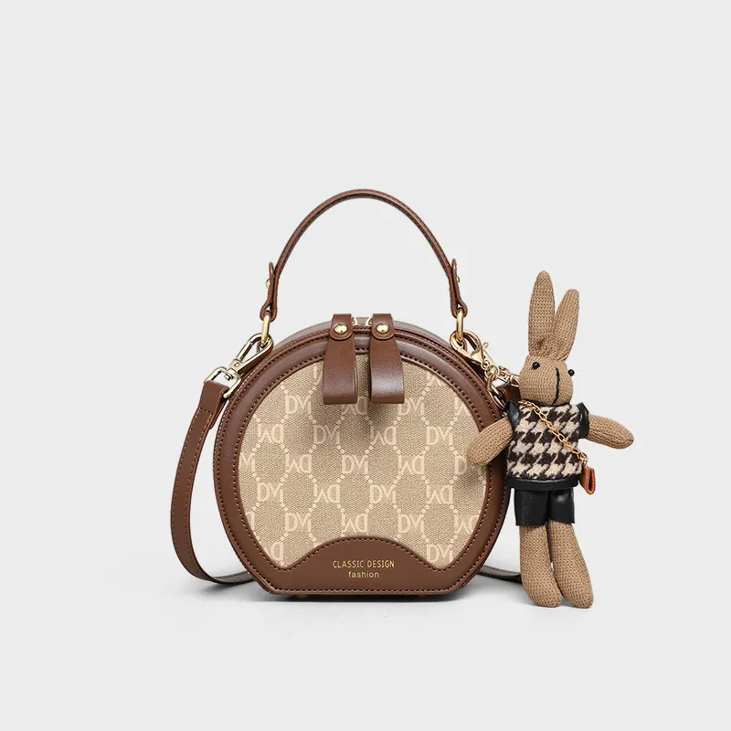 CNNCOO Synthetic Leather Small Round Bag, One Shoulder Handbag Women's Coffee-1