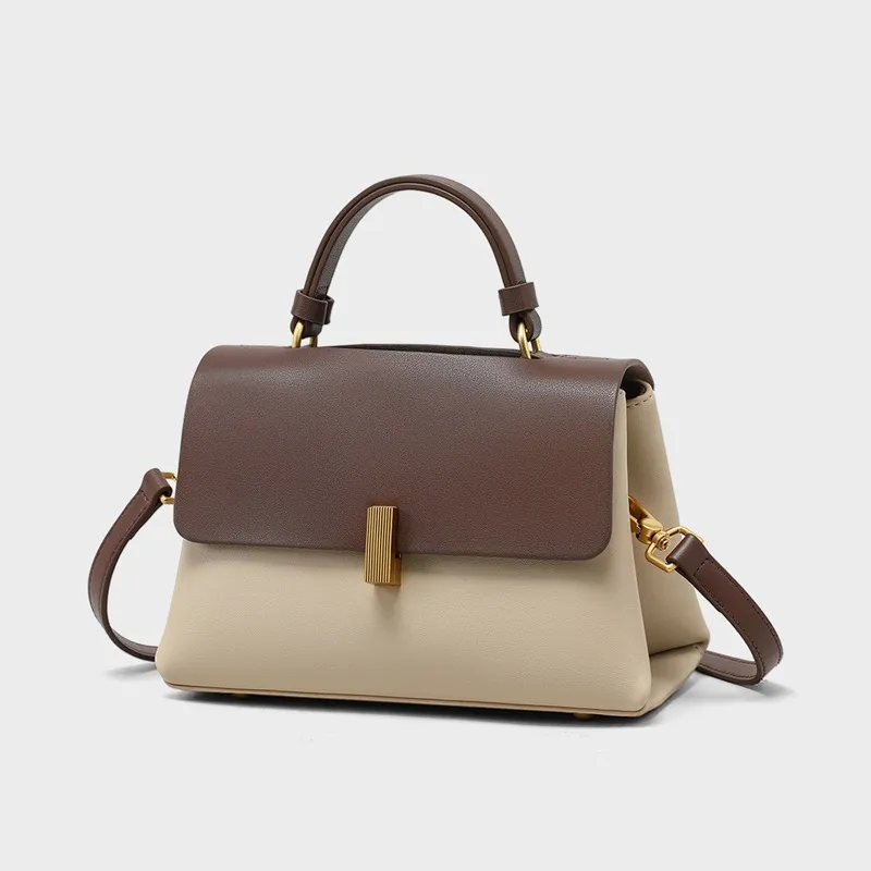 CNNCOO Cow Leather With Synthetic Leather Crossbody Handbag Women's Beige Coffee-2
