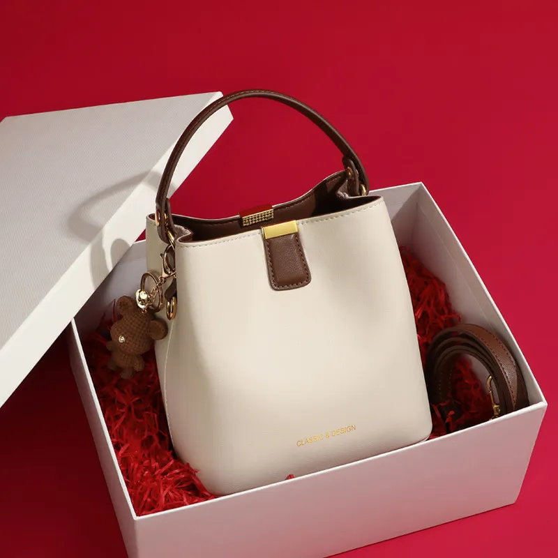 CNNCOO Cow Leather Bucket Bag, Crossbody Handbag Women's Milkshake White/Caramel Brown-4