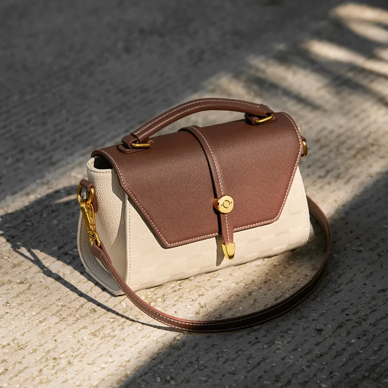 CNNCOO Cow Leather Handbag Women's Ecru & Brown/Elephant Gray-5