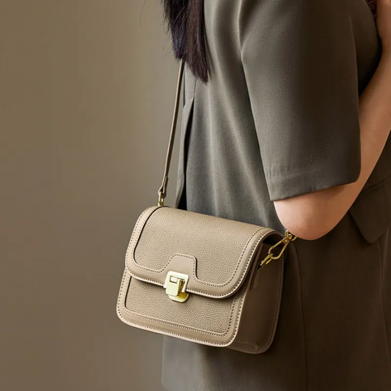 CNNCOO Cow Leather Shoulder Bag Women's Elephant Grey With Brown-8