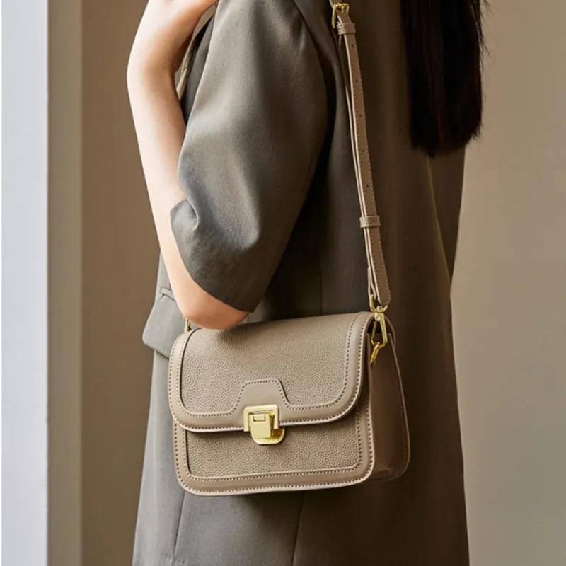 CNNCOO Cow Leather Shoulder Bag Women's Elephant Grey With Brown-9
