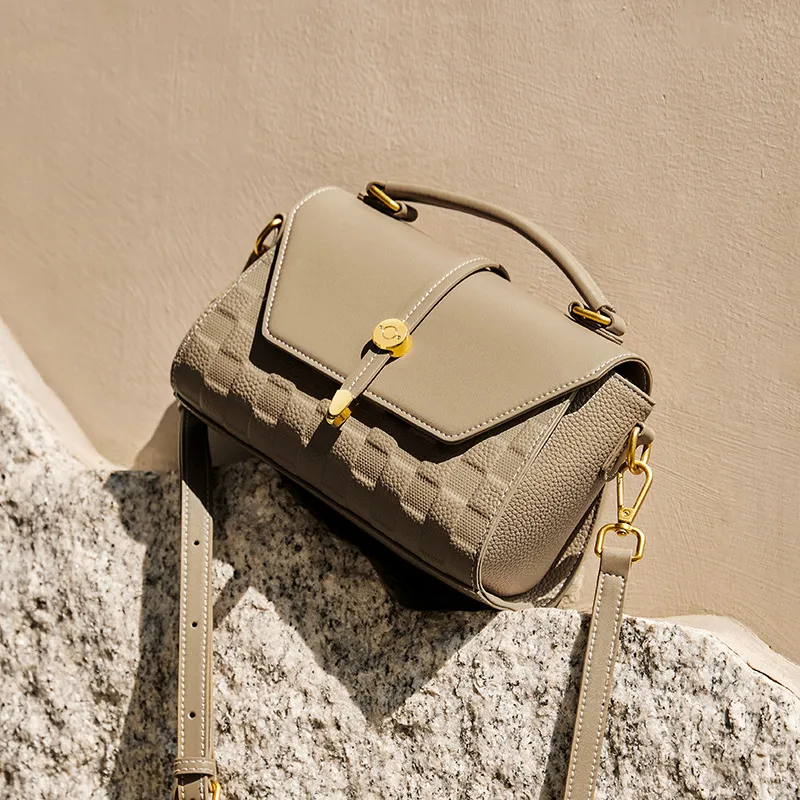 CNNCOO Cow Leather Handbag Women's Ecru & Brown/Elephant Gray-10