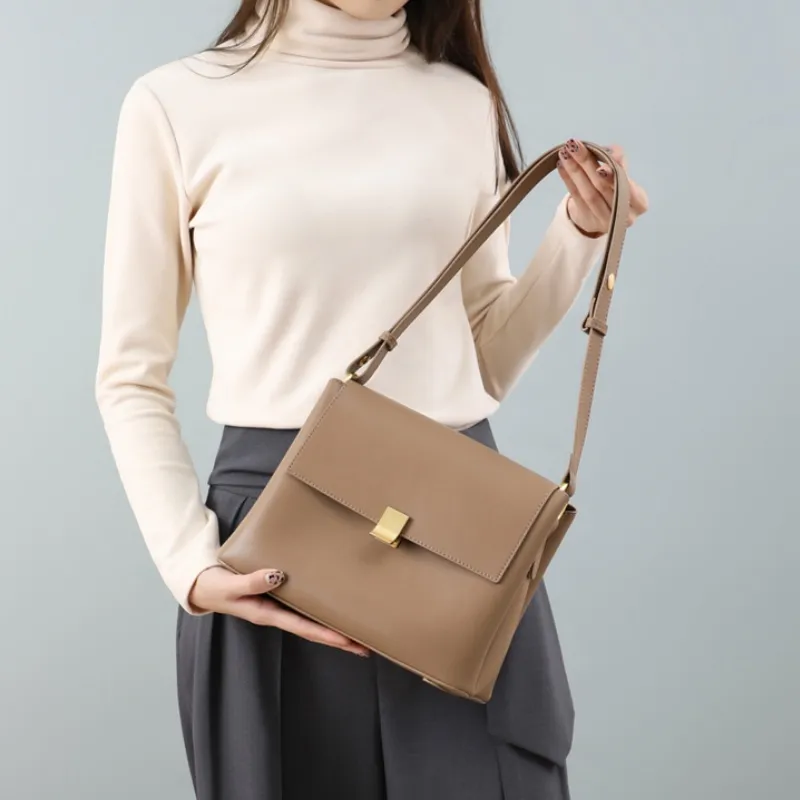 CNNCOO Cow Leather Shoulder Bag Women's Dark Brown/Light Brown-5