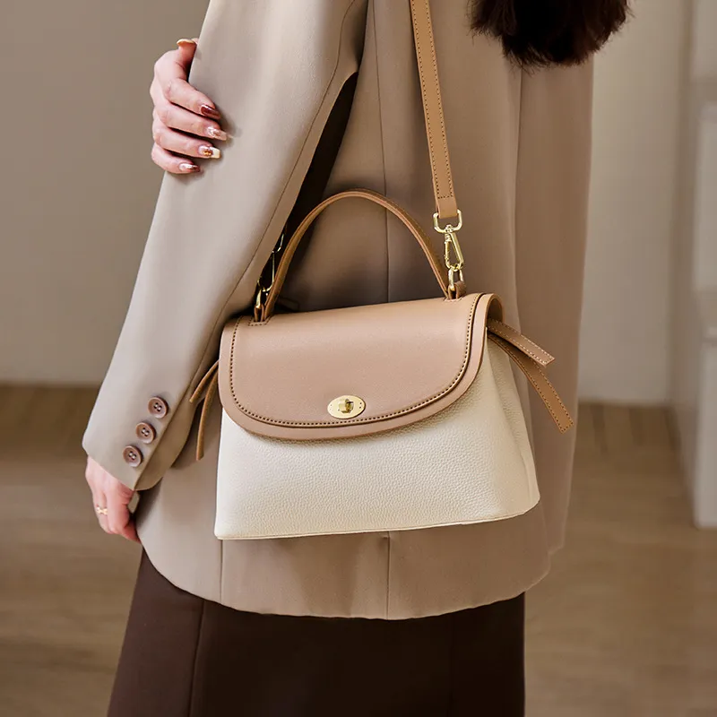 CNNCOO Cow Leather Shoulder Bag, Crossbody Bag, Handbag Women's Ecru & Apricot/Elephant Gray-1