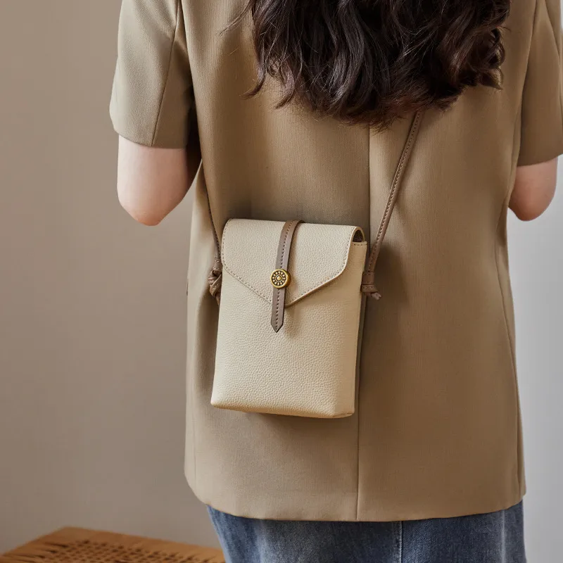 CNNCOO Cow Leather Crossbody Cell Phone Pouch Women's Milk Tea/Gold Brown/Elephant Gray-3