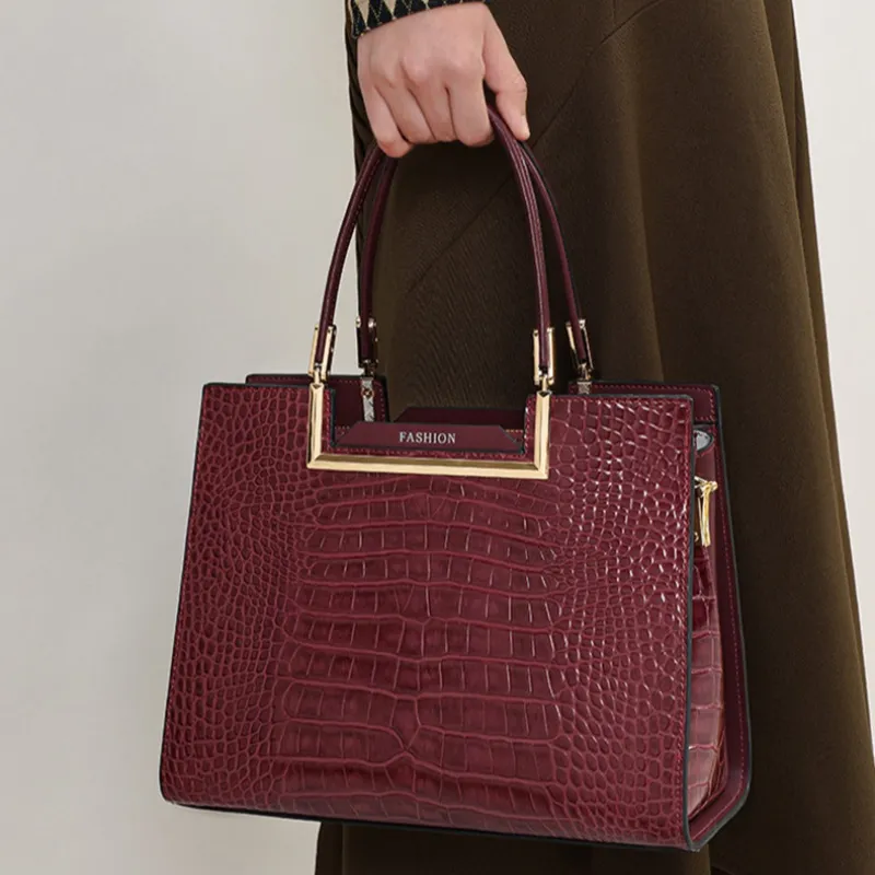 CNNCOO Split Cow Leather With Synthetic Leather Birkin Bag, Shoulder Bag, Crossbody Bag, Handbag Women's Burgundy/Black-1