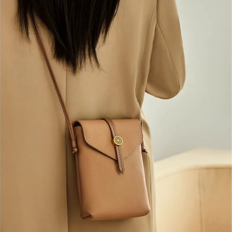 CNNCOO Cow Leather Crossbody Cell Phone Pouch Women's Milk Tea/Gold Brown/Elephant Gray-9