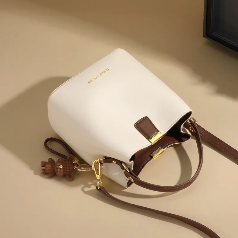 CNNCOO Cow Leather Bucket Bag, Crossbody Handbag Women's Milkshake White/Caramel Brown-3