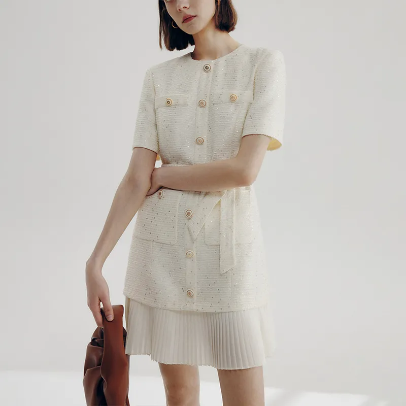 Famanxuan Short Sleeved Dress Women's Champagne Gilded Beige-2