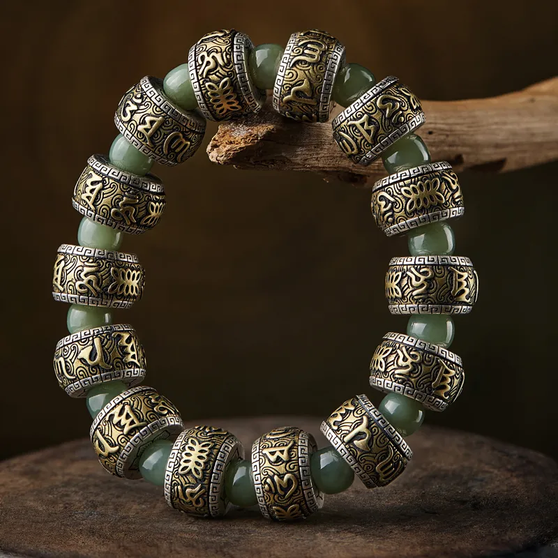 Moonstone Edge Silver Inlaid Copper Hetian Jade Bracelets Men's Pale Greenish White Jade-1