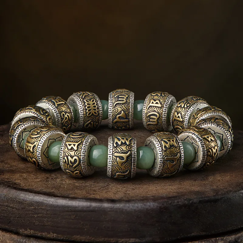 Moonstone Edge Silver Inlaid Copper Hetian Jade Bracelets Men's Pale Greenish White Jade-2