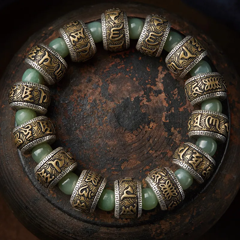 Moonstone Edge Silver Inlaid Copper Hetian Jade Bracelets Men's Pale Greenish White Jade-3