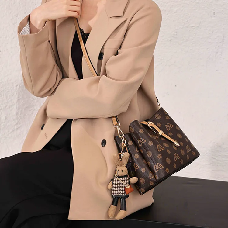 Safiya PVC Bucket Bag Tote Bag Crossbody Bag Shoulder Bag Medium Size Women's Coffee/White-2