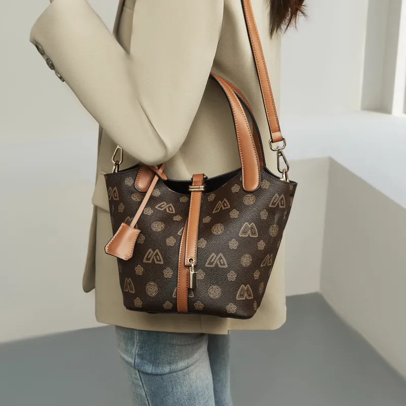 Safiya Synthetic Leather Bucket Bag Handbag Medium Size Women's Coffee-1