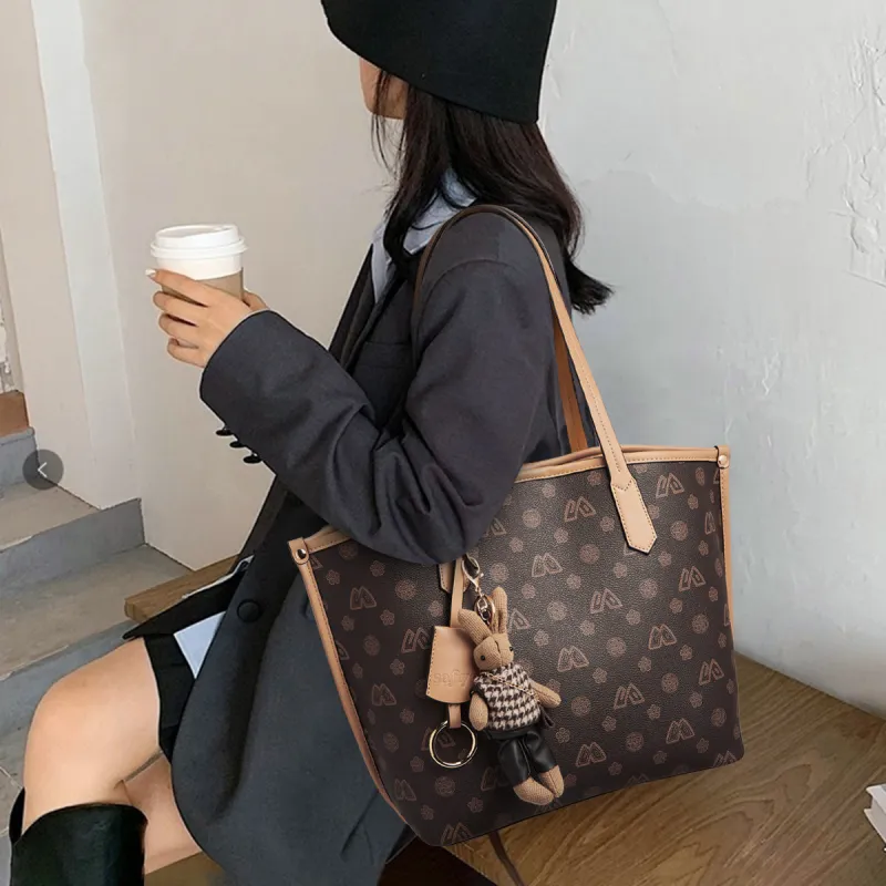 Safiya PVC Patch PU Tote Bag Shopping Bag Shoulder Bags Women's Coffee-1
