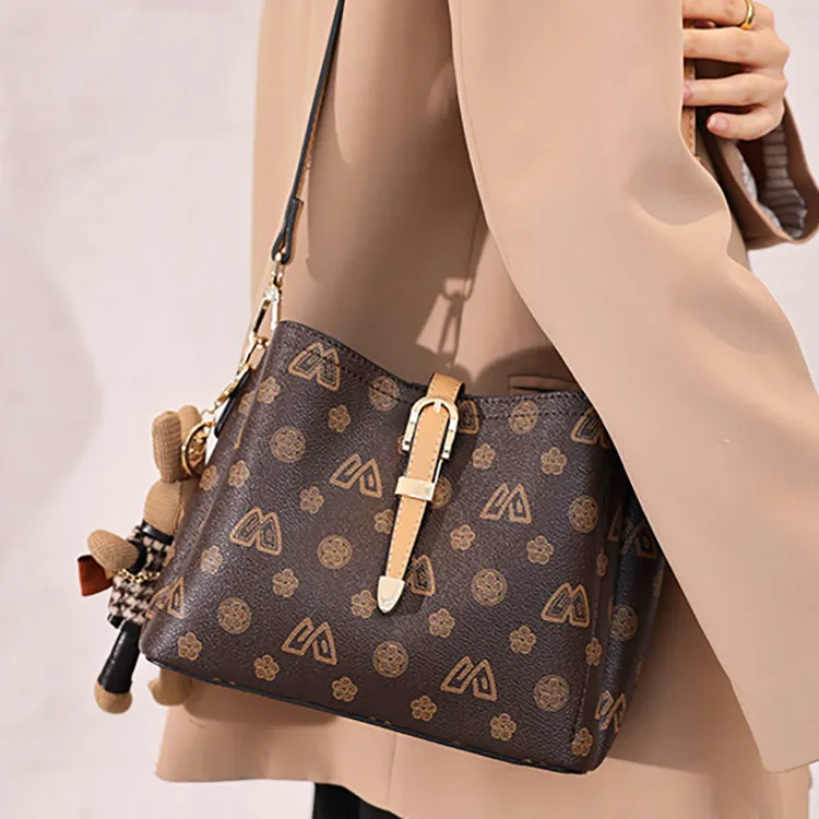 Safiya PVC Bucket Bag Tote Bag Crossbody Bag Shoulder Bag Medium Size Women's Coffee/White-3