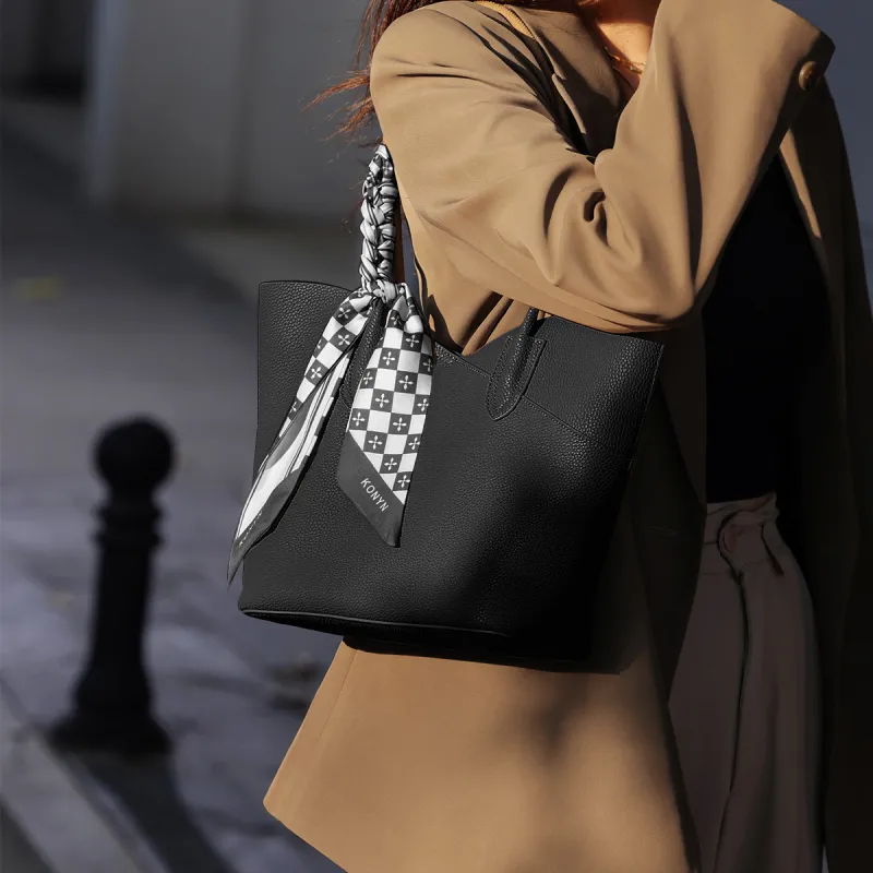 Safiya Cow Leather Shoulder Bag Large Size Women's Black/Brown-7
