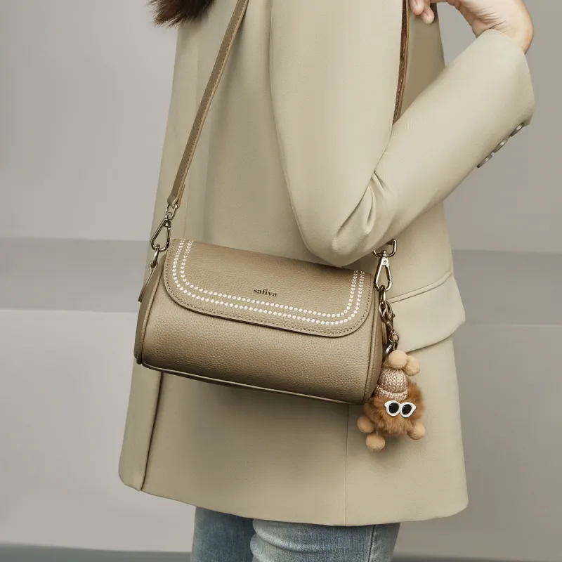 Safiya Cow Leather With Synthetic Leather Shoulder Bag Regular Women's Elephant Gray-3