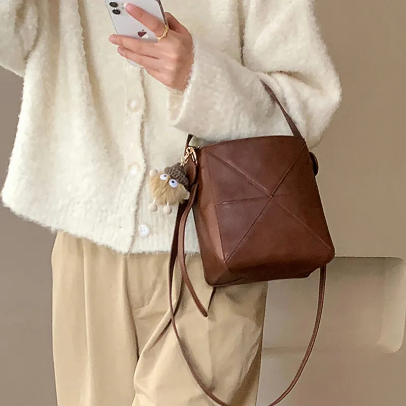 Safiya Synthetic Leather With Cow Leather Portable Crossbody Bag, Shoulder Bag Women's Khaki/Caramel-6