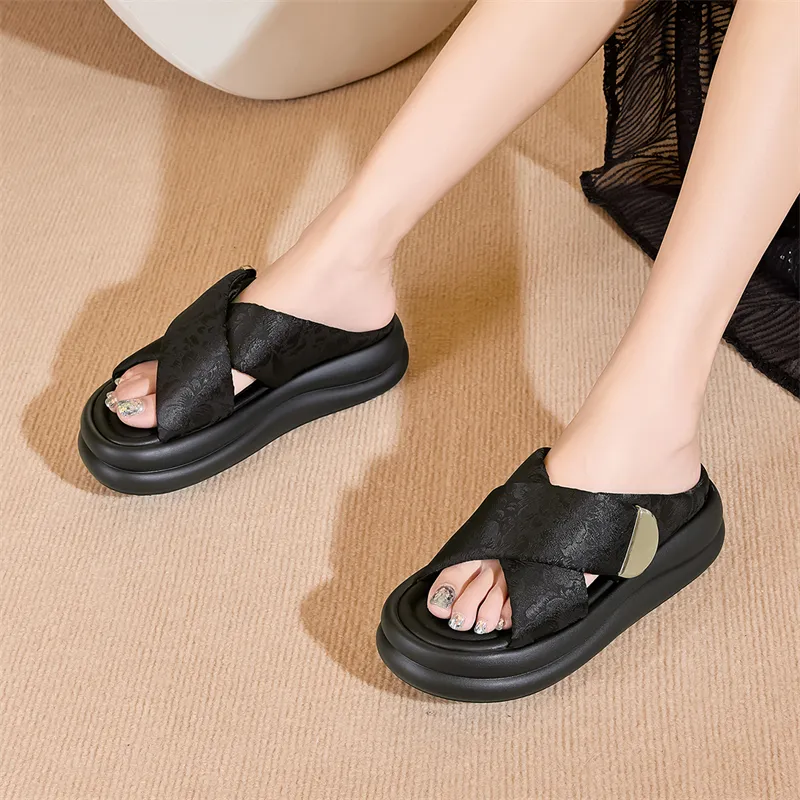 JOSINY Beach Slide Slippers Women's Black/Ecru/Grass Green-7