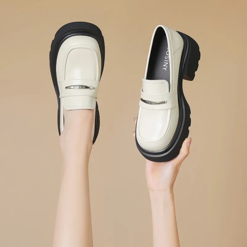 JOSINY Genuine Leather Loafers 7cm Women's Black/Ecru-11