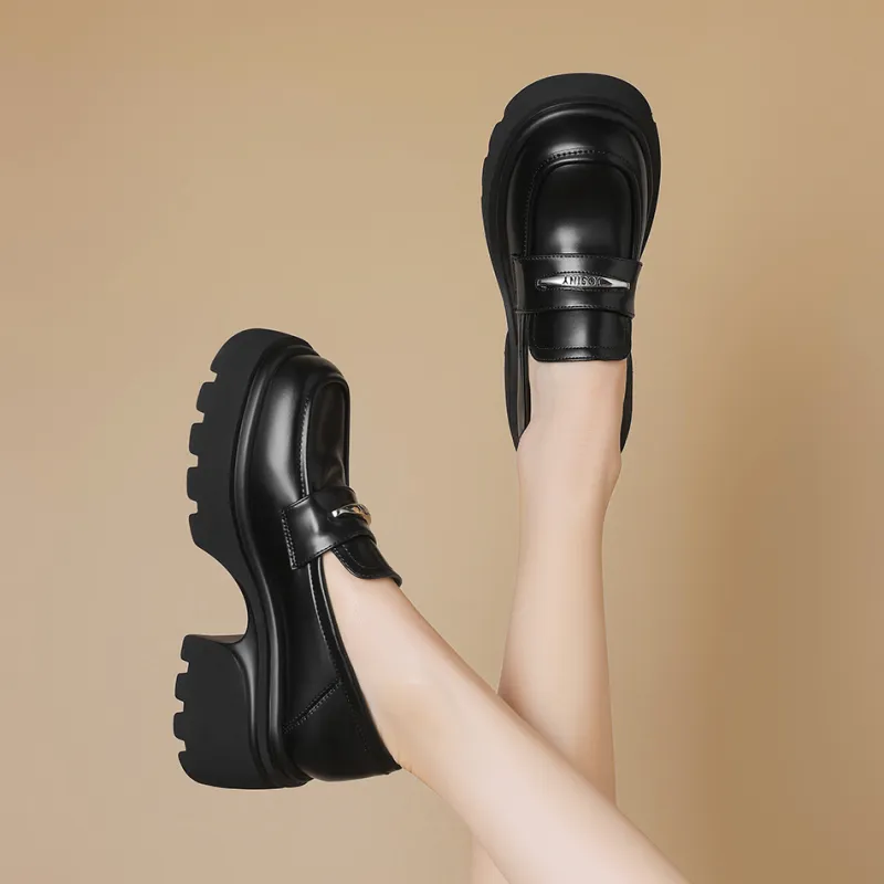 JOSINY Genuine Leather Loafers 7cm Women's Black/Ecru-4