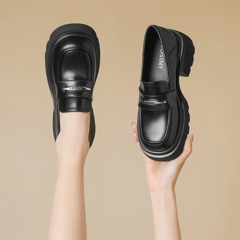 JOSINY Genuine Leather Loafers 7cm Women's Black/Ecru-5