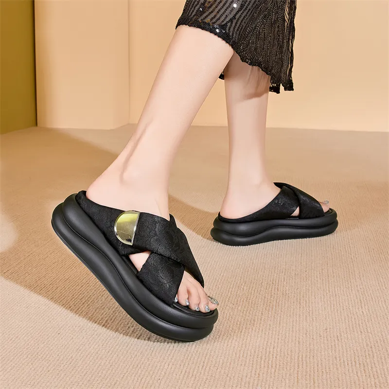 JOSINY Beach Slide Slippers Women's Black/Ecru/Grass Green-6